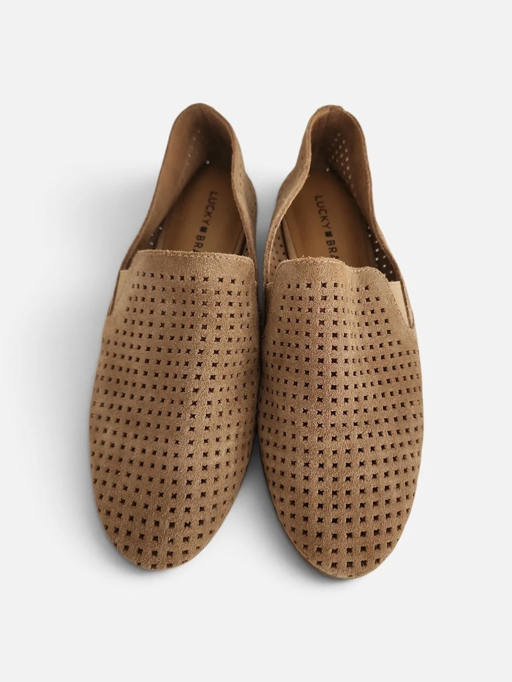 Lucky Brand Perforated Suede Loafers Womens 8.5 Tan Slip On Flats Casual Boho